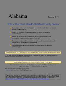 Alabama  Summer 2011 Title V Women’s Health-Related Priority Needs: ► Promote access to a medical home and to basic health care for children, youth, and