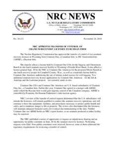 NRC NEWS U.S. NUCLEAR REGULATORY COMMISSION Office of Public Affairs Telephone: Washington, D.CE-mail: 