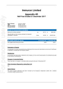 Immuron Limited  For personal use only Appendix 4D Half-Year Ended 31 December 2017