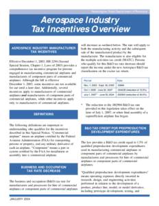 Washington State Department of Revenue  Aerospace Industry Tax Incentives Overview AEROSPACE INDUSTRY MANUFACTURER TAX INCENTIVES