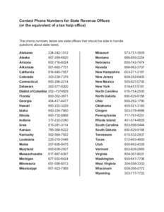 Contact Phone Numbers for State Revenue Offices (or the equivalent of a tax help office) The phone numbers below are state offices that should be able to handle questions about state taxes. Alabama 		[removed]
