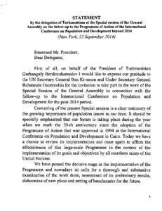 STATEMENT  by the delegation of Turkmenistan at the Special session of the General Assembly on the follow-up to the Programme of Action of the International Conference on Population and Development beyond 2014