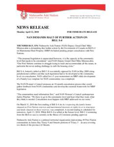 NEWS RELEASE Monday April 12, 2010 FOR IMMEDIATE RELEASE  NAN DEMANDS HALT OF FURTHER ACTION ON