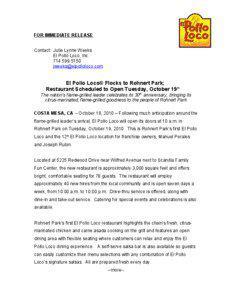 FOR IMMEDIATE RELEASE Contact: Julie Lynne Weeks El Pollo Loco, Inc.