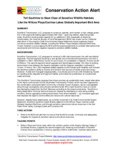 Conservation Action Alert Tell Southline to Steer Clear of Sensitive Wildlife Habitats Like the Willcox Playa/Cochise Lakes Globally Important Bird Area SUMMARY Southline Transmission, LLC, proposes to construct, operate