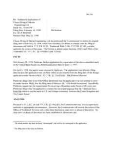 [removed]Re: Trademark Application of Clucas Diving & Marine Engineering Ltd. Serial No[removed]Filing Date: February 18, 19982