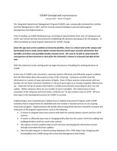 ICAMP Concept and Implementation January 2013 – Work in Progress The Integrated Capital Asset Management Program (ICAMP), was conceptually introduced by Facilities and Risk Management in 2007, and has recently acquired