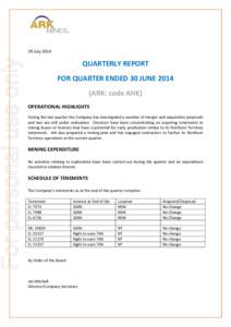 For personal use only  29 July 2014 QUARTERLY REPORT FOR QUARTER ENDED 30 JUNE 2014