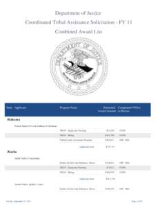 Department of Justice  Coordinated Tribal Assistance Solicitation - FY 11 Combined Award List