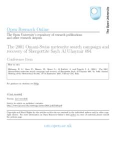 Open Research Online The Open University’s repository of research publications and other research outputs The 2001 Omani-Swiss meteorite search campaign and recovery of Shergottite Sayh Al Uhaymir 094