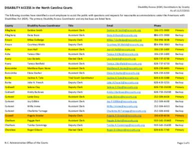 Disability Access (ADA) Coordinators by County As ofDISABILITY ACCESS in the North Carolina Courts  The following counties have identified a court employee to assist the public with questions and requests for