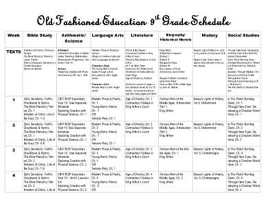 th  Old Fashioned Education 9 Grade Schedule Week  Bible Study