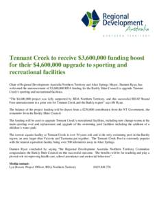 Tennant Creek to receive $3,600,000 funding boost for their $4,600,000 upgrade to sporting and recreational facilities Chair of Regional Development Australia Northern Territory and Alice Springs Mayor, Damien Ryan, has 