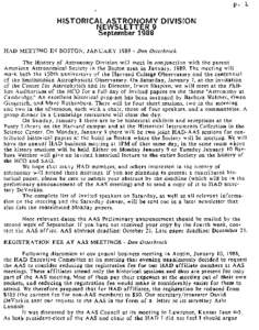 HISTORICAL ASTRONOMY DIVISION NEWSLETTER 9 September 1988 HAD MEETING IN BOSTON, JANUARY[removed]Don Osterbrock The History of Astronomy Division will meet in conjunction with the parent American Astronomical Society in t