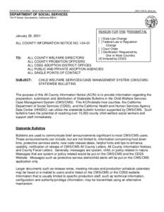 STATE OF CALIFORNIA - HEALTH AND HUMAN SERVICES AGENCY  GRAY DAVIS, Governor DEPARTMENT OF SOCIAL SERVICES 744 P Street, Sacramento, California 95814