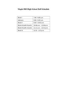 Maple Hill High School Bell Schedule  Block I 7:40 - 9:00 a.m.