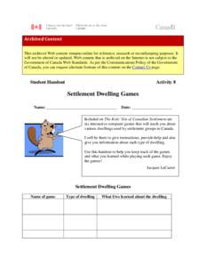 Student Handout – Playing the Settlement Dwelling Games