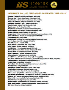 HONORS AWARD PROGRAM INSURANCE HALL OF FAME AWARD LAUREATES: 1957 – 2014 Taizo Abe ♦ Meiji Mutual Life Insurance Company, Japan[removed]Zachariah Allen ♦ Factory Mutual System, United States (1968)