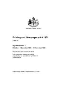 Australian Capital Territory  Printing and Newspapers Act 1961 A1961-16  Republication No 2