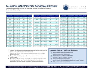 CALIFORNIA	
  2014	
  PROPERTY	
  TAX	
  APPEAL	
  CALENDAR	
   If	
  you	
  get	
  a	
  Supplemental	
  or	
  Escape	
  Bill	
  in	
  the	
  mail,	
  you	
  have	
  60	
  days	
  to	
  file	
  an	