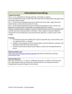 Informational Journal/Log Targeted Standards: W.K.2 – Use a combination of drawing, dictating, and writing to compose informative/explanatory texts in which they name what they are writing about and supply some informa