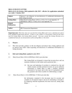 HKEx GUIDANCE LETTER HKEx-GL21-10 (October[removed]updated in July 2013 – effective for applications submitted on or after 1 October 2013 Subject Listing Rules Related