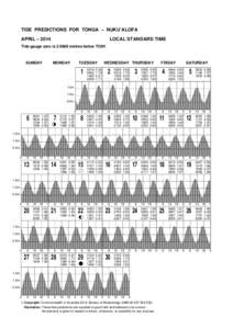 TIDE PREDICTIONS FOR TONGA – NUKU’ALOFA APRIL – 2014 LOCAL STANDARD TIME  Tide gauge zero is[removed]metres below TON1