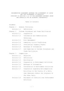 IMPLEMENTING AGREEMENT BETWEEN THE GOVERNMENT OF JAPAN AND THE GOVERNMENT OF MONGOLIA PURSUANT TO ARTICLE 1.12 OF THE AGREEMENT BETWEEN JAPAN AND MONGOLIA FOR AN ECONOMIC PARTNERSHIP Table of Contents Preamble