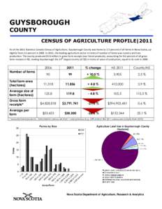 GUYSBOROUGH COUNTY CENSUS OF AGRICULTURE PROFILE|2011 As of the 2011 Statistics Canada Census of Agriculture, Guysborough County was home to 2.5 percent of all farms in Nova Scotia, up slightly from 2.4 percent in 2006. 