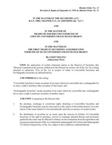 Blanket Order No. 22 Revoked & Replaced September 8, 1994 by Blanket Order No. 23 IN THE MATTER OF THE SECURITIES ACT, R.S.N. 1990, CHAPTER S-13, AS AMENDED (the 