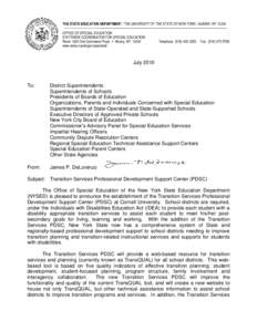 THE STATE EDUCATION DEPARTMENT / THE UNIVERSITY OF THE STATE OF NEW YORK / ALBANY, NY[removed]OFFICE OF SPECIAL EDUCATION STATEWIDE COORDINATOR FOR SPECIAL EDUCATION Room 1624 One Commerce Plaza y Albany, NY[removed]www.emsc