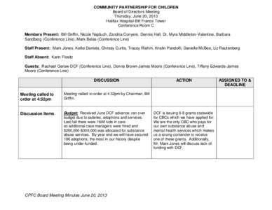 COMMUNITY PARTNERSHIP FOR CHILDREN Board of Directors Meeting Thursday, June 20, 2013 Halifax Hospital-Bill France Tower Conference Room C Members Present: Bill Griffin, Nicole Najduch, Zandria Conyers, Dennis Hall, Dr. 
