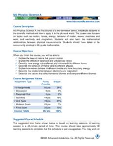 MS Physical Science A www.AdvancedAcademics.com Course Description MS Physical Science A, the first course of a two-semester series, introduces students to the scientific method and how to apply it to the physical world.