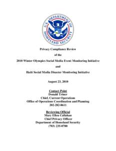 Haiti and 2010 Winter Olympics Social Media Monitoring Privacy Compliance Review