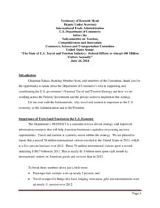 Testimony of Kenneth Hyatt Deputy Under Secretary International Trade Administration U.S. Department of Commerce before the Subcommittee on Tourism,