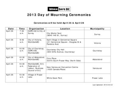 2013 Day of Mourning Ceremonies Ceremonies will be held April 26 & April 28 Date April 26