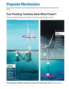 http://www.popularmechanics.com/science/energy/solar-wind/can-floating-turbines-save-windpower  Can Floating Turbines Save Wind Power? Two new concepts for floating wind turbines put the future of wind energy out to sea.