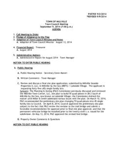 POSTED[removed] *REVISED[removed]TOWN OF MILLVILLE Town Council Meeting September 9, [removed]:00 p.m.) AGENDA
