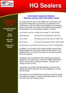 HQ Sealers Nominated Component Sealers; Effective January 2012 until further notice Recommended Sealing Fees for 2012