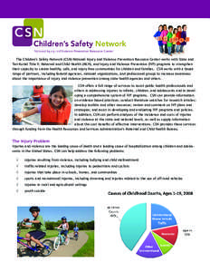 The Children’s Safety Network (CSN) National Injury and Violence Prevention Resource Center works with State and Territorial Title V, Maternal and Child Health (MCH), and Injury and Violence Prevention (IVP) programs t