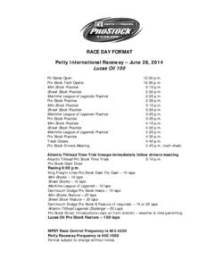 RACE DAY FORMAT Petty International Raceway – June 28, 2014 Lucas Oil 100  Pit Gates Open