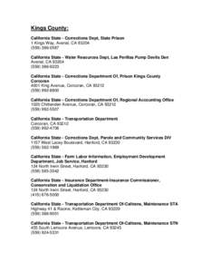 Kings County: California State - Corrections Dept, State Prison 1 Kings Way, Avenal, CA[removed]0587 California State - Water Resources Dept, Las Perillas Pump Devils Den Avenal, CA 93204