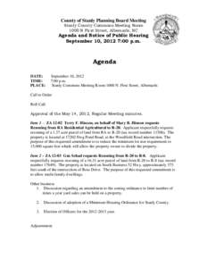 County of Stanly Planning Board Meeting Stanly County Commons Meeting Room 1000 N First Street, Albemarle, NC Agenda and Notice of Public Hearing September 10, 2012 7:00 p.m.