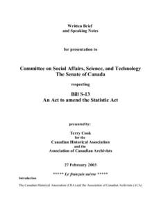 Written Brief and Speaking Notes for presentation to  Committee on Social Affairs, Science, and Technology