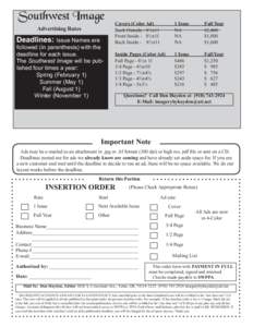 Southwest Image Advertising Rates Deadlines: Issue Names are  followed (in parenthesis) with the