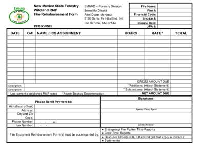 New Mexico State Forestry  Wildland RMP  Fire Reimbursement Form  EMNRD – Forestry Division  Bernalillo District 