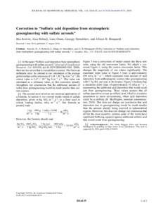 JOURNAL OF GEOPHYSICAL RESEARCH, VOL. 115, D16119, doi:[removed]2010JD014579, 2010  Correction to “Sulfuric acid deposition from stratospheric geoengineering with sulfate aerosols” Ben Kravitz, Alan Robock, Luke Oman,