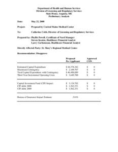 Department of Health and Human Services Division of Licensing and Regulatory Services State House, Augusta, ME Preliminary Analysis Date: