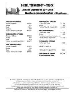 DIESEL TECHNOLOGY – TRUCK Estimated Expenses for[removed] – Milford Campus FIRST QUARTER EXPENSES Tuition and Fees