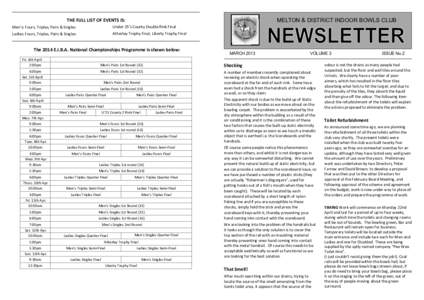 THE FULL LIST OF EVENTS IS:  MELTON & DISTRICT INDOOR BOWLS CLUB Men’s: Fours, Triples, Pairs & Singles